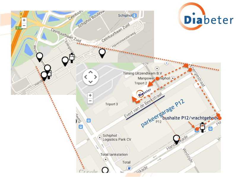 Looproute vanaf bushalte naar diabetescentrum Diabeter in Schiphol